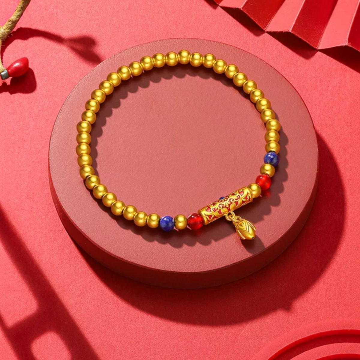 24k 999 Gold Ruyi Enamel Charm Beads Elastic Bracelet