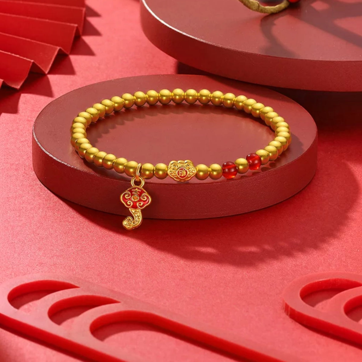 24k 999 Gold Ruyi Enamel Charm Beads Elastic Bracelet