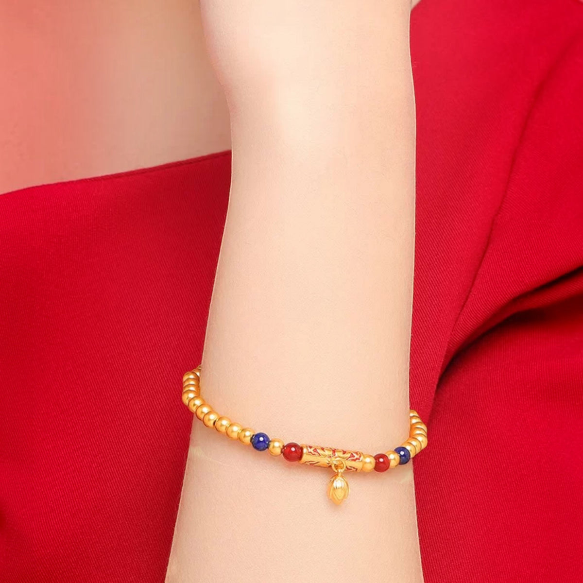 24k 999 Gold Ruyi Enamel Charm Beads Elastic Bracelet