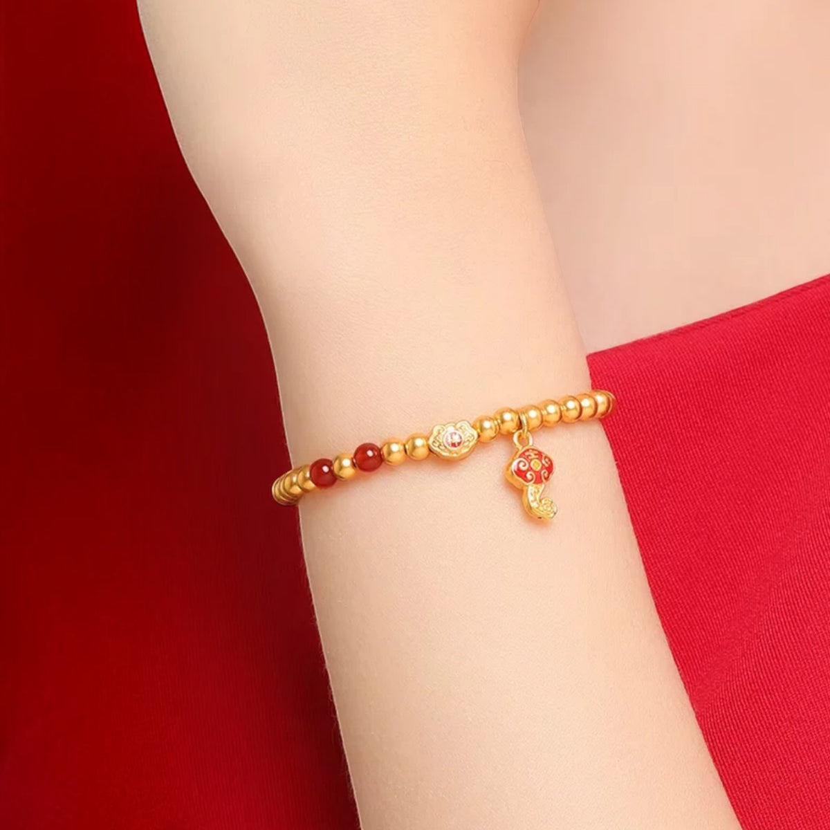 24k 999 Gold Ruyi Enamel Charm Beads Elastic Bracelet