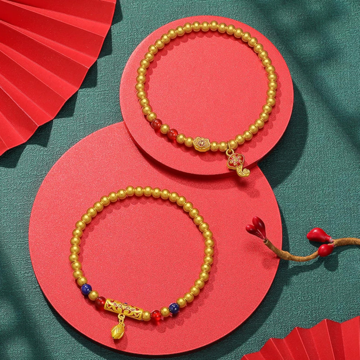 24k 999 Gold Ruyi Enamel Charm Beads Elastic Bracelet