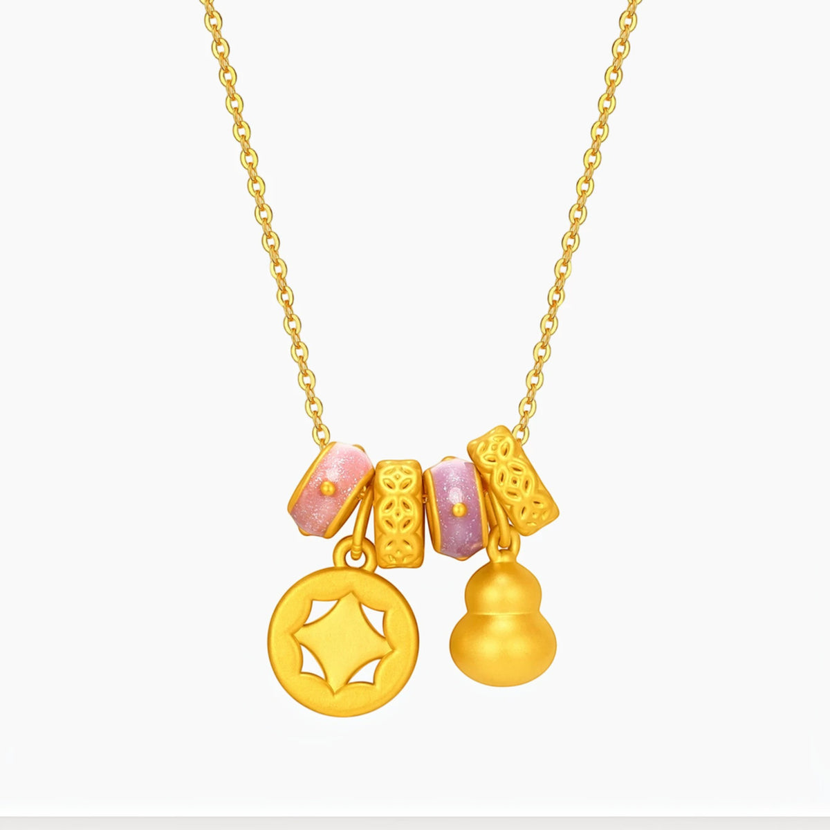 24k 999 Gold Gourd Chinese Enamel Coin Lucky Pendant Necklace