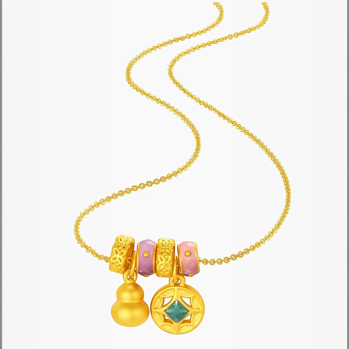 24k 999 Gold Gourd Chinese Enamel Coin Lucky Pendant Necklace