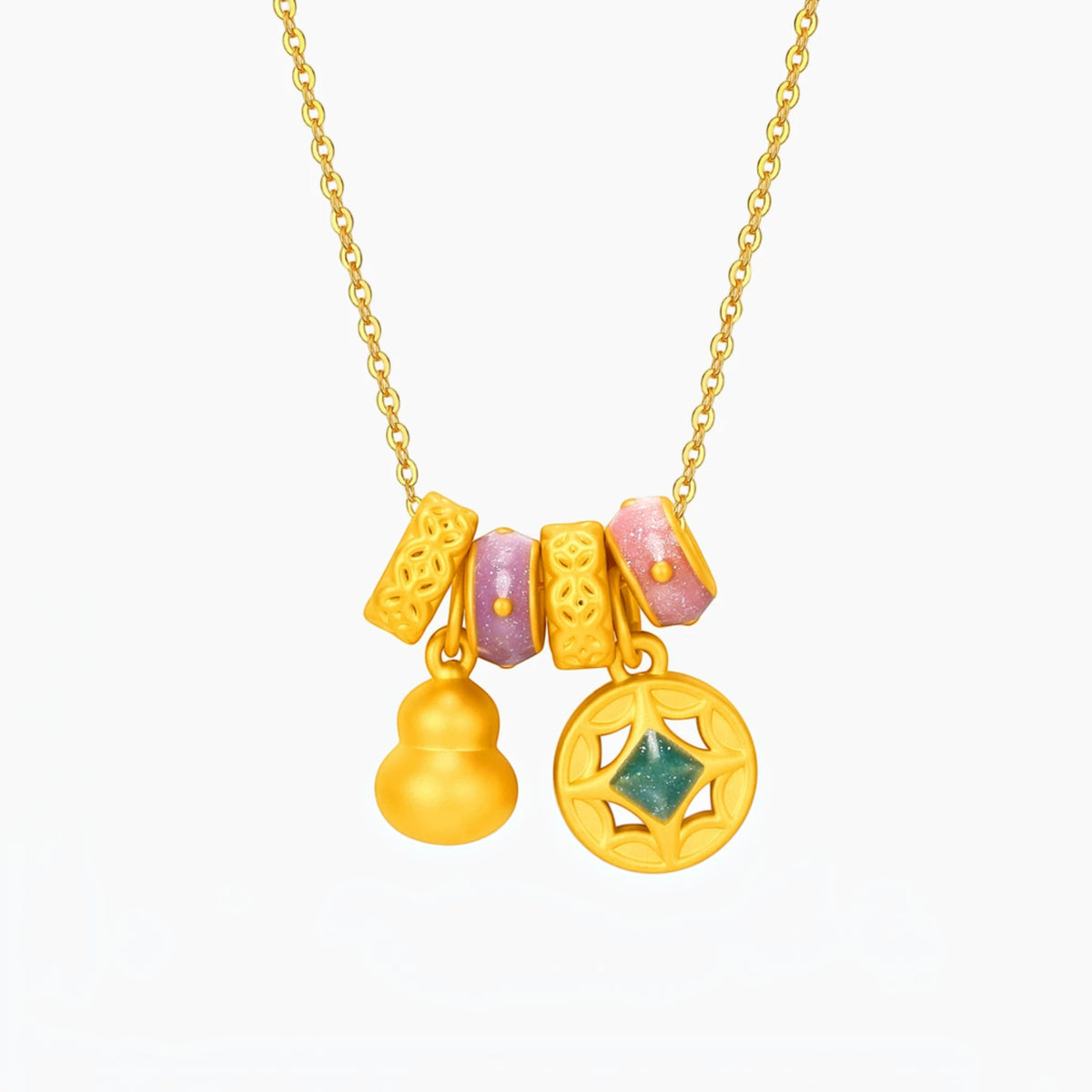 24k 999 Gold Gourd Chinese Enamel Coin Lucky Pendant Necklace