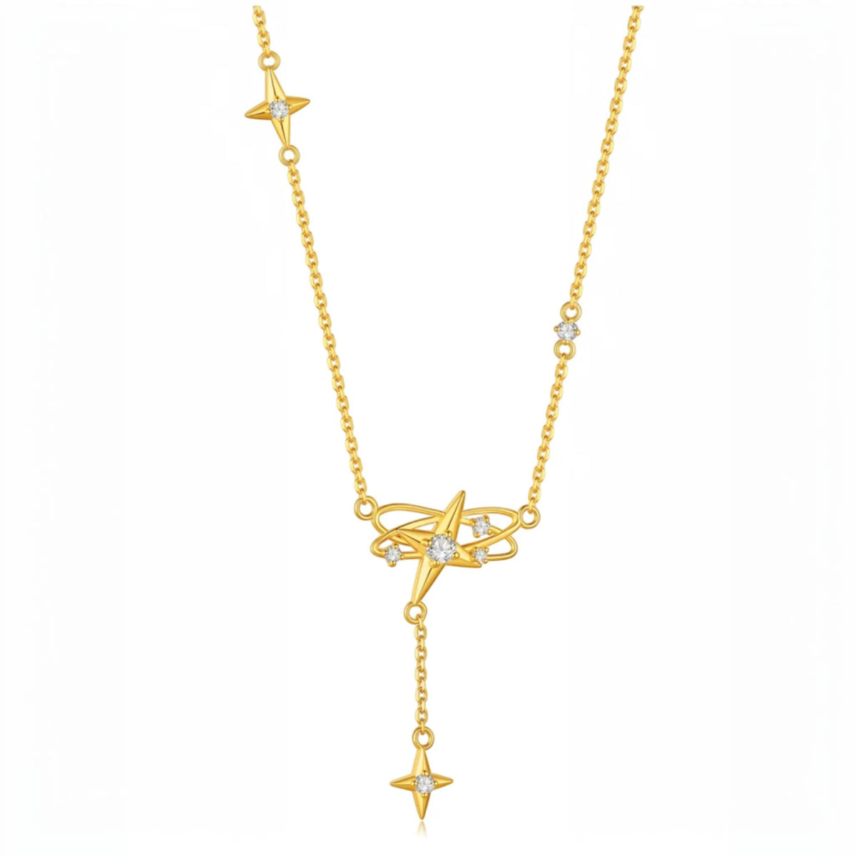 24K Gold Four-Point Diamond Star Elegant Necklace