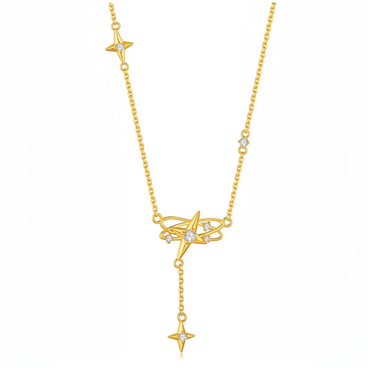 24K Gold Four-Point Diamond Star Elegant Necklace