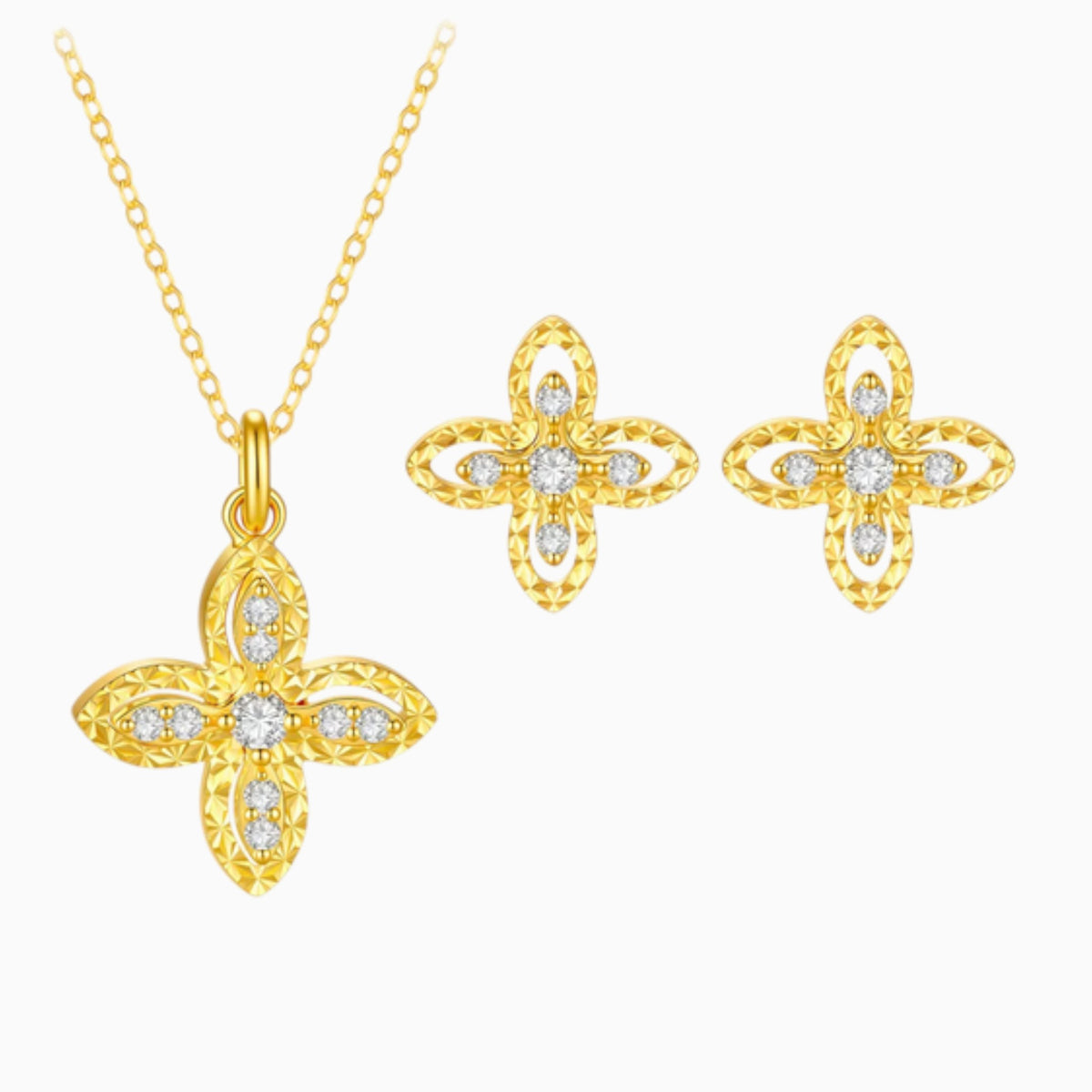 18K Gold Clover Four Leaf Starlight Stud Earrings Necklace