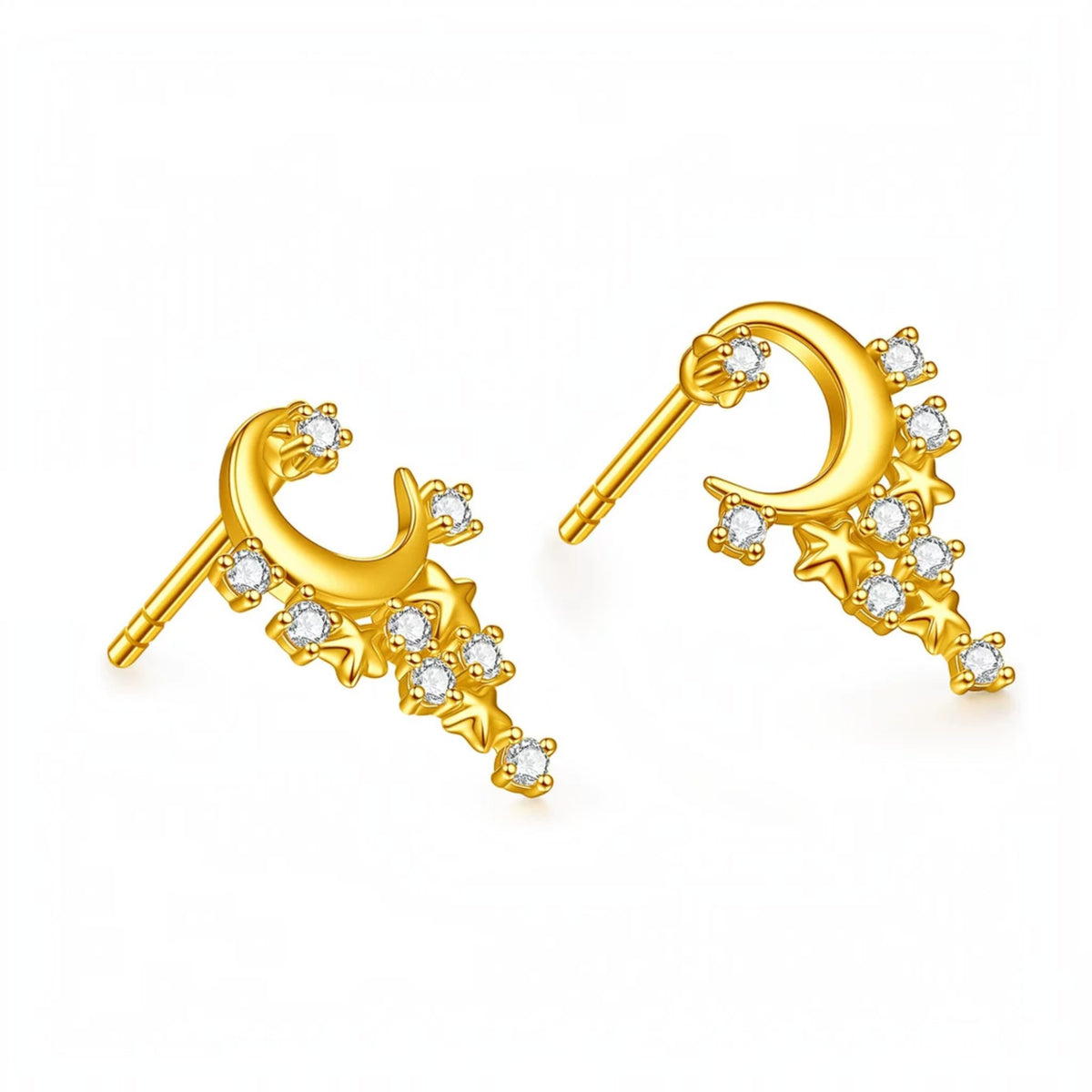 Genuine 24K Gold Star Moon Starlight Stud Earrings