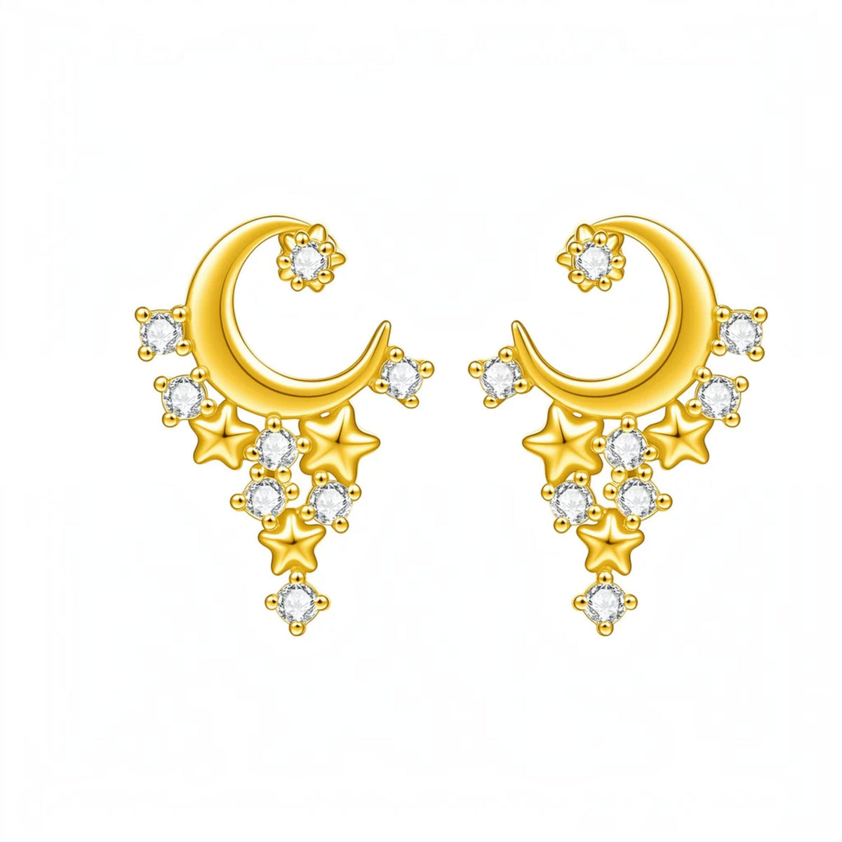 Genuine 24K Gold Star Moon Starlight Stud Earrings