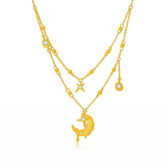24K Gold Star and Moon Charms Necklace