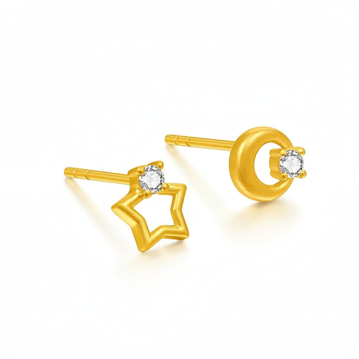 Genuine 24K Gold Star Moon Moissanite Stud Earrings