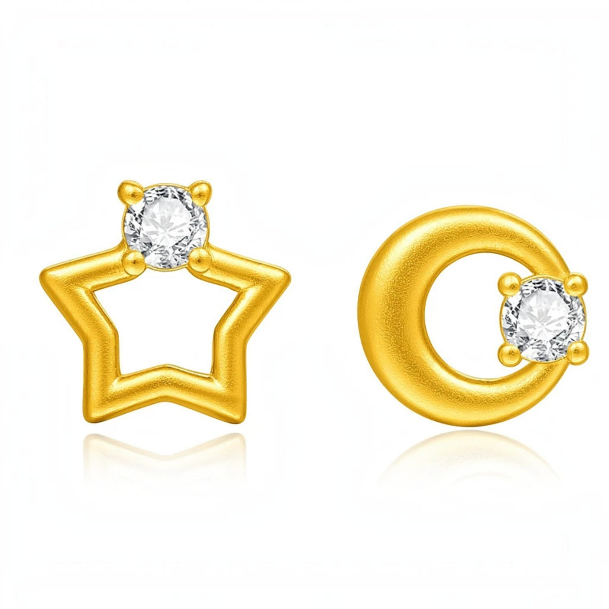 Genuine 24K Gold Star Moon Moissanite Stud Earrings