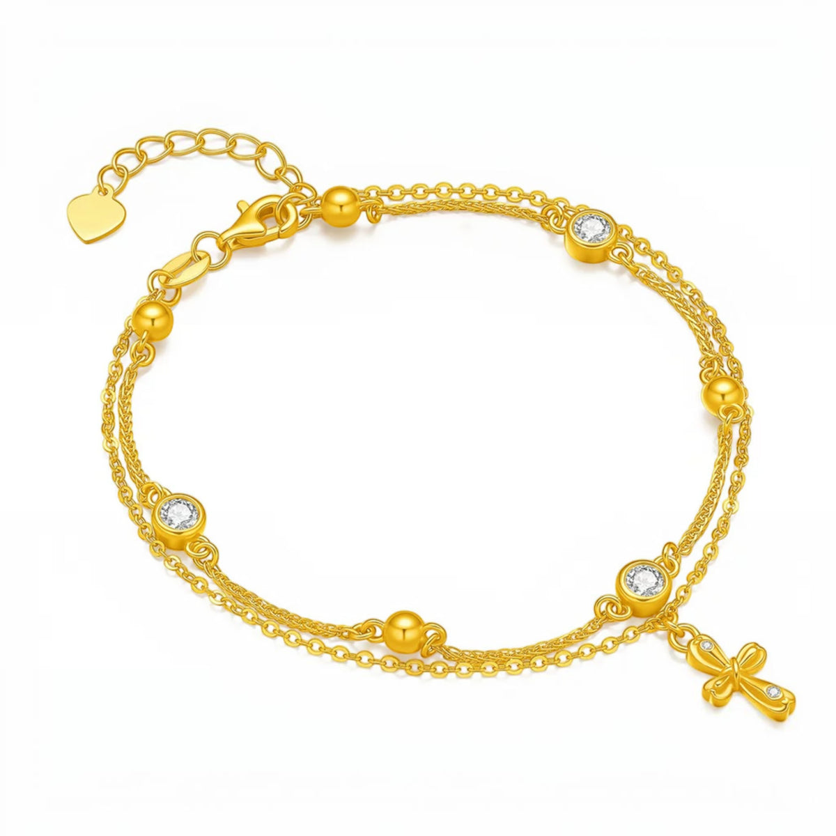 24K Gold Cross Beads Cat Eye Charm Gift Bracelet