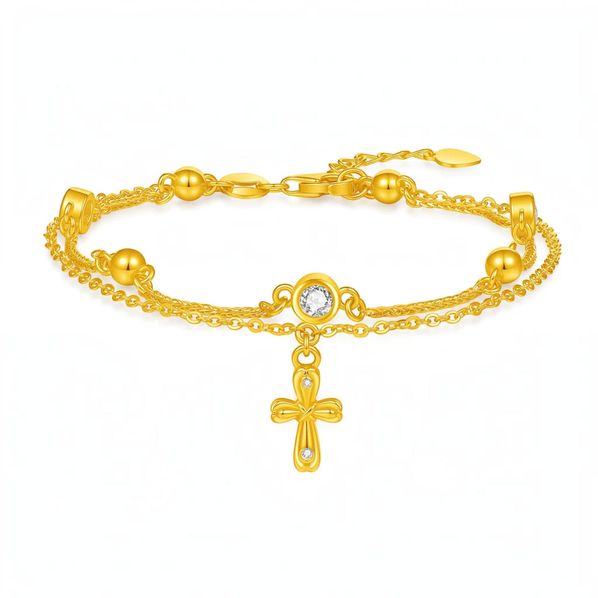 24K Gold Cross Beads Cat Eye Charm Gift Bracelet