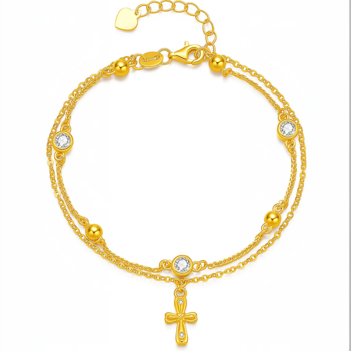 24K Gold Cross Beads Cat Eye Charm Gift Bracelet