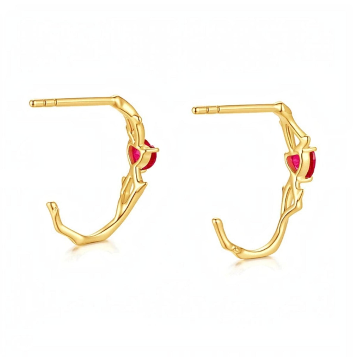 18K Gold Red Ruby Heart Stud Earrings