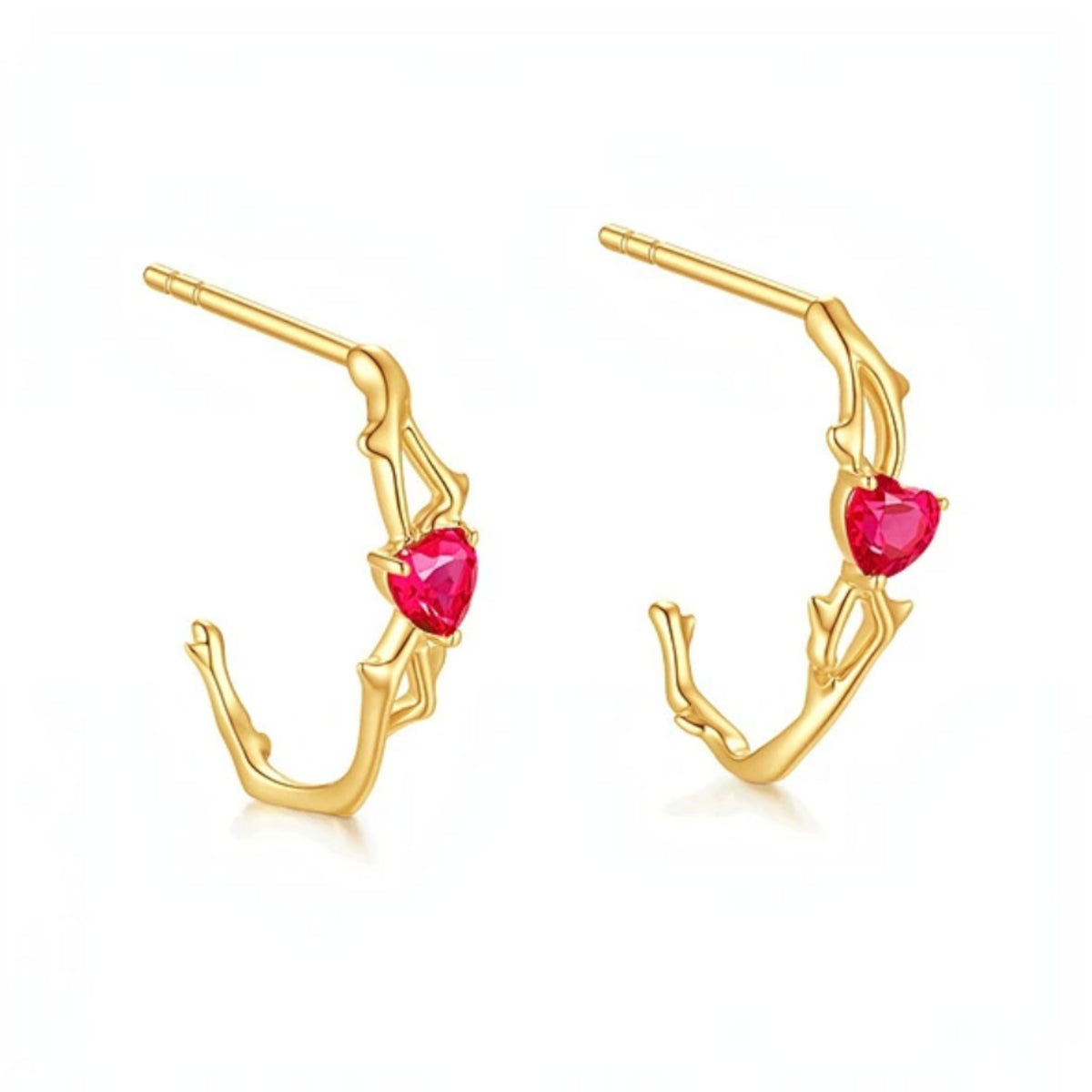 18K Gold Red Ruby Heart Stud Earrings