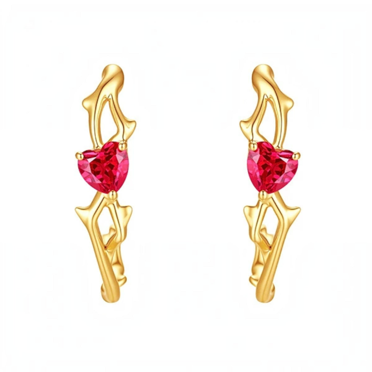 18K Gold Red Ruby Heart Stud Earrings