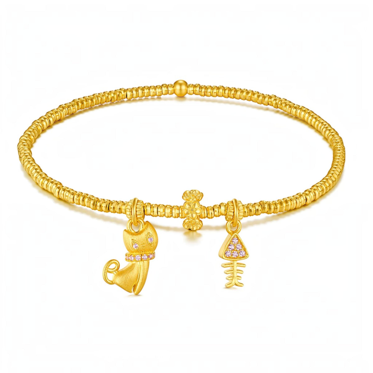 24K Gold Lucky Cat & Fish Charms Beads Bracelet