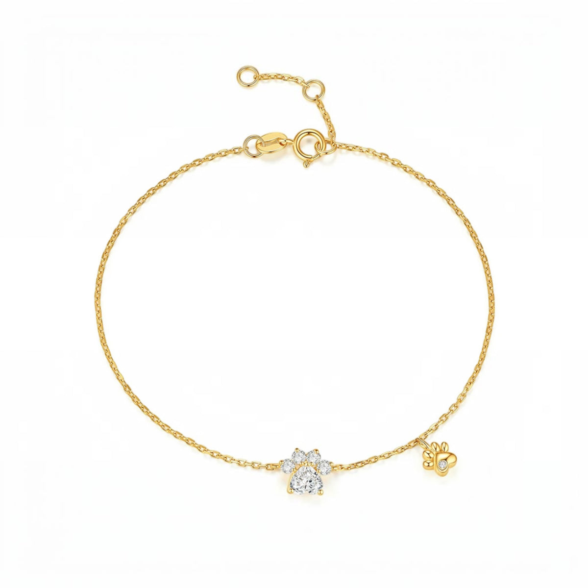 18K Gold Diamond Paw Dog Cute Charm Bracelet and Necklace