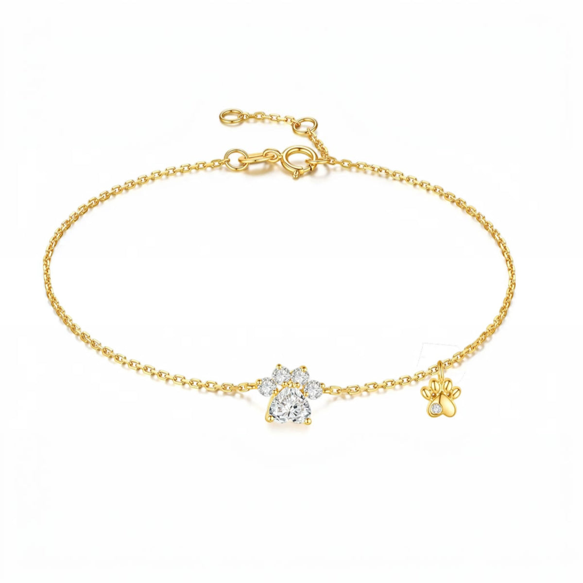 18K Gold Diamond Paw Dog Cute Charm Bracelet and Necklace