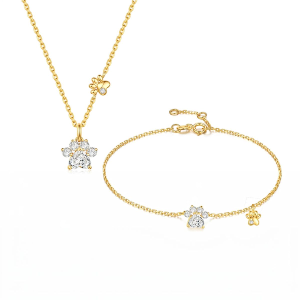 18K Gold Diamond Paw Dog Cute Charm Bracelet and Necklace