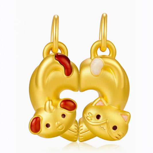 24K Gold Heart to Heart Dog and Cat Love Charm Pendant