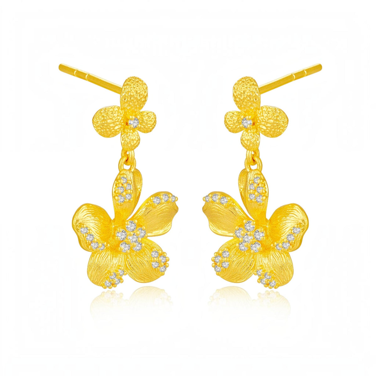 Genuine 24K Gold Butterfly Floral Flower Stud Earrings