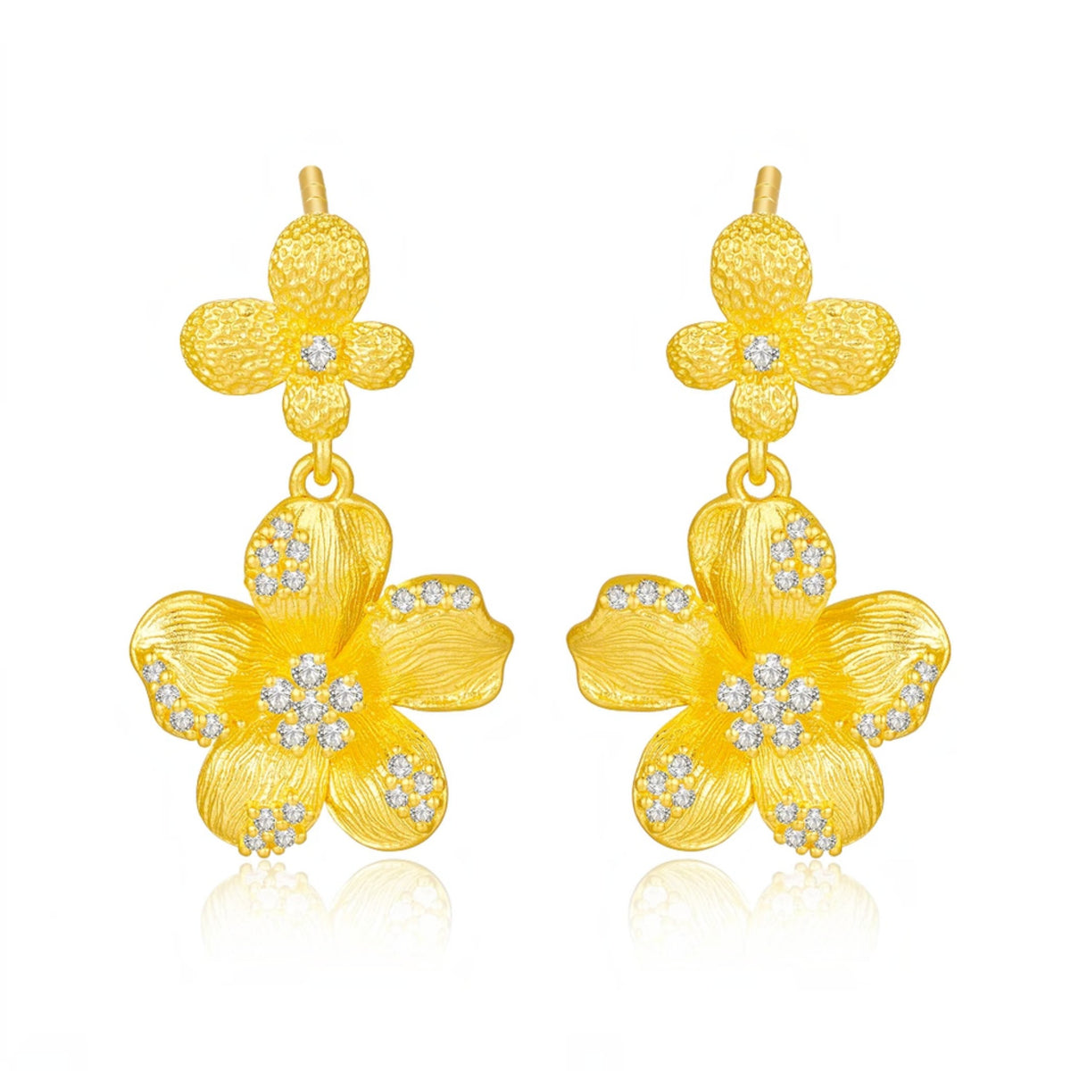 Genuine 24K Gold Butterfly Floral Flower Stud Earrings