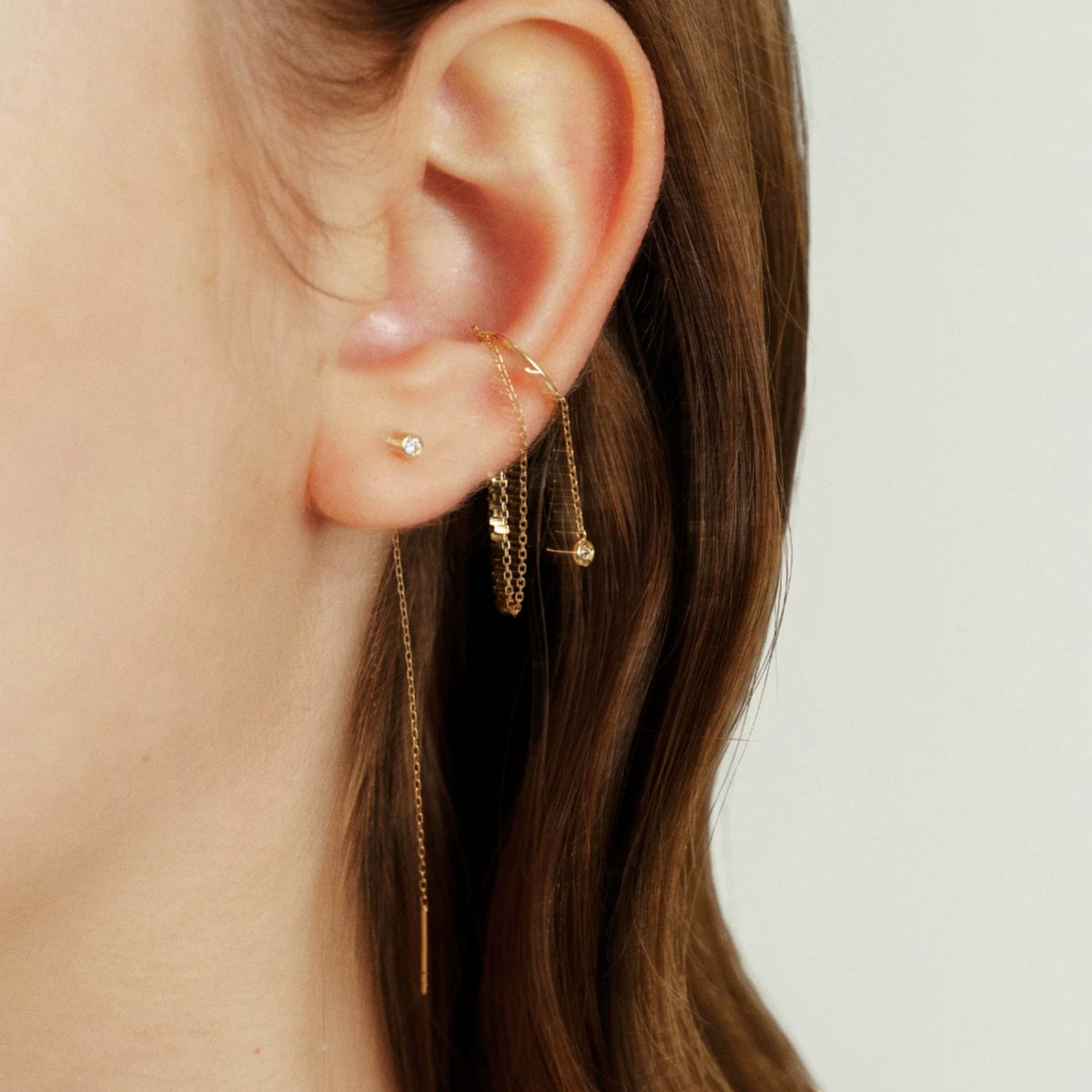 18K Gold Minimal Threader Stud Dangle Earrings