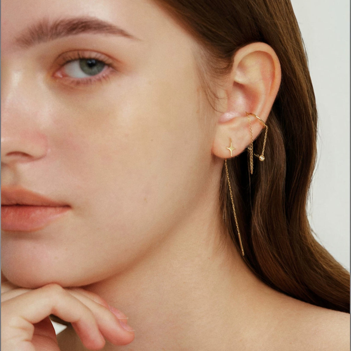 18K Gold Minimal Threader Stud Dangle Earrings