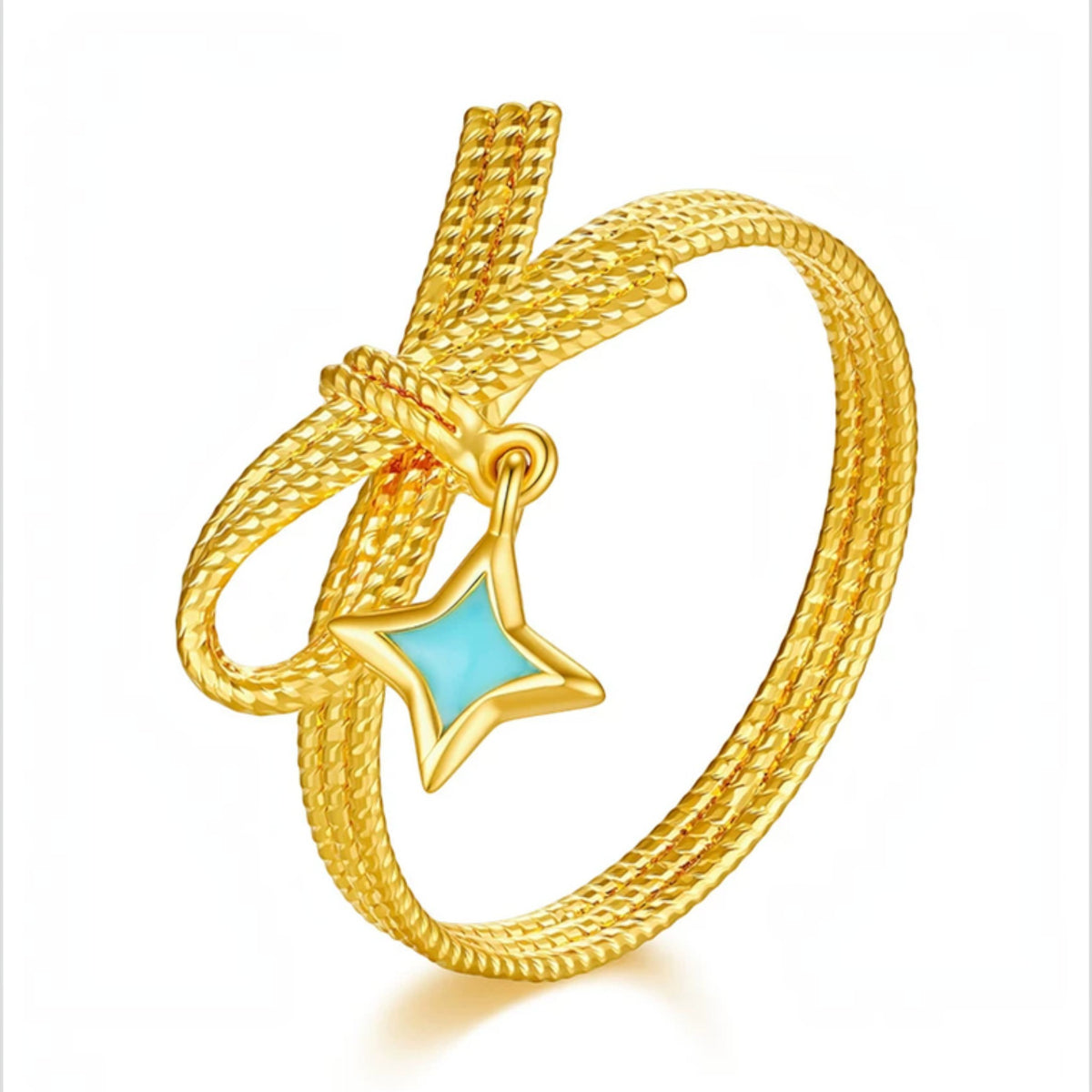 Genuine 24K Gold Twist Band Star Charm Ring