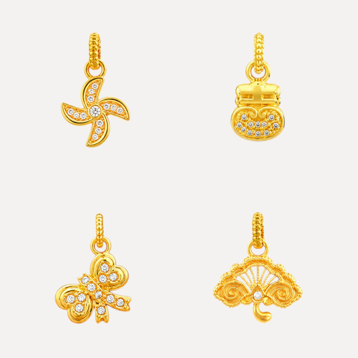 24K 999 Gold Windmill Fan Good Fortune Lock Bow Charm Pendant