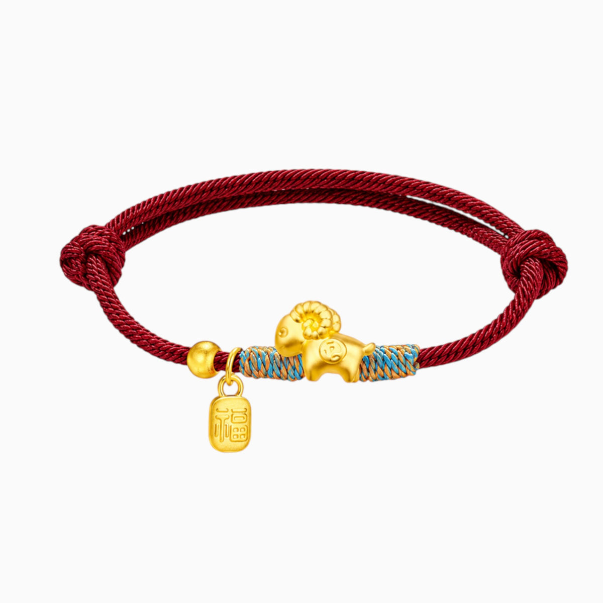 24k 999 Gold Zodiac year of Sheep Charm Cord Adjustable Bracelet
