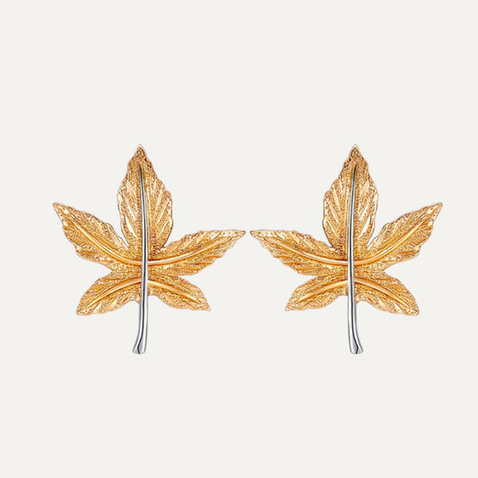 18K Gold Maple Leaf Autumn Elegant Stud Earrings Sparkling Sanblasted Finish Gift