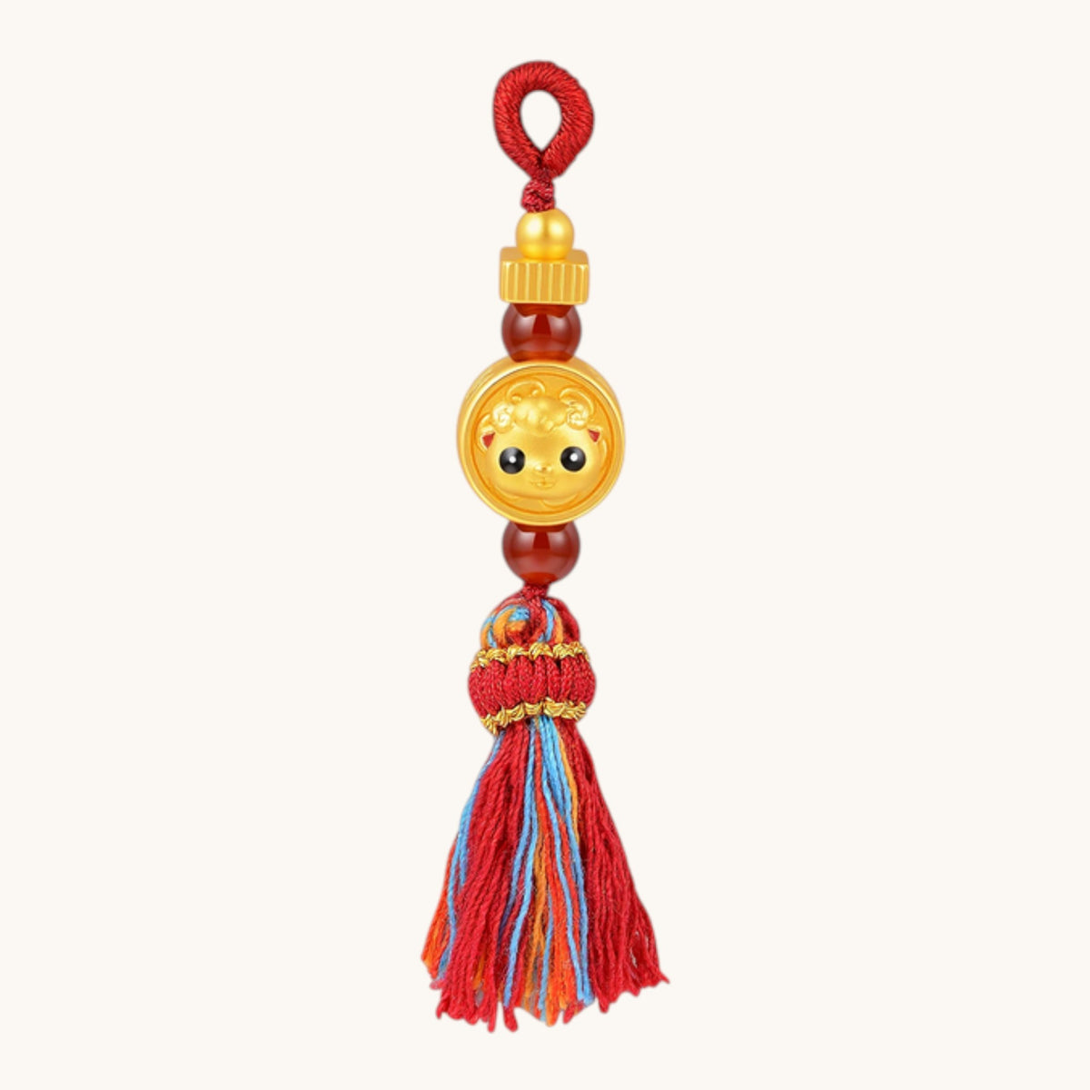 999 24K Gold Chinese Zodiac Sheep Goat Charm Agate Bead Phone Strap Keychain Accessory