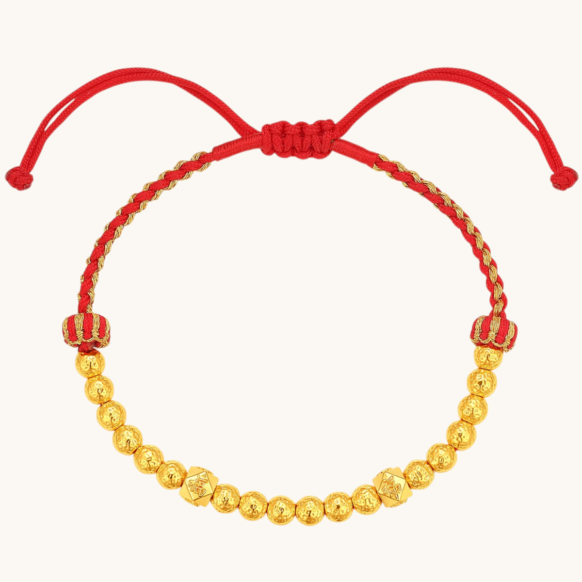 24k 5D Hard Gold Blessing Chinese Fu Charm Woven Adjustable Bracelet