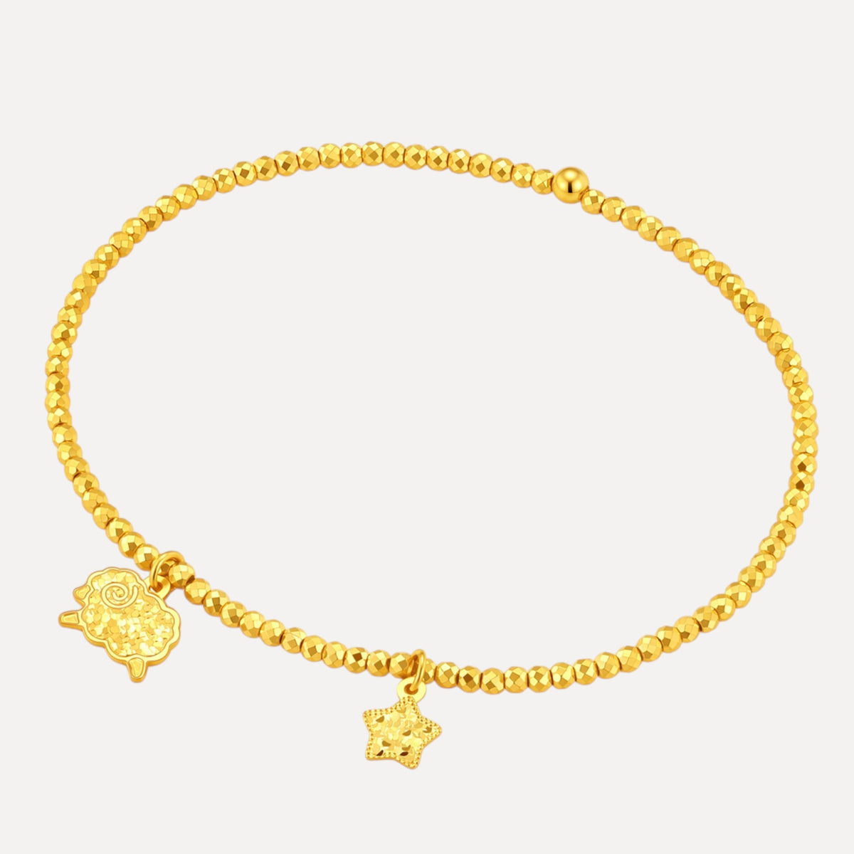 24k Fine Gold Chinese Zodiac Sheep Goat Shinning Charm Beaded Bracelet