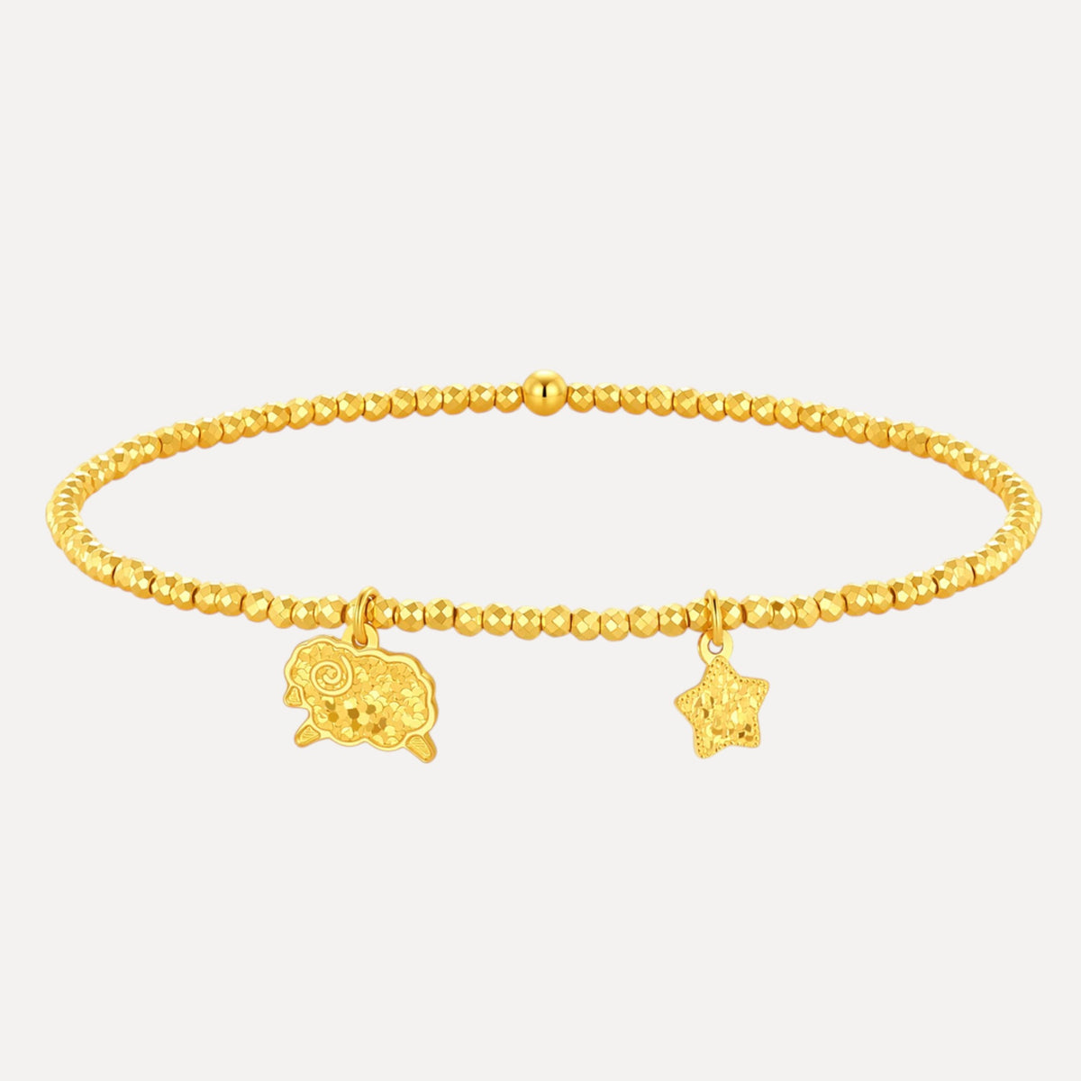 24k Fine Gold Chinese Zodiac Sheep Goat Shinning Charm Beaded Bracelet