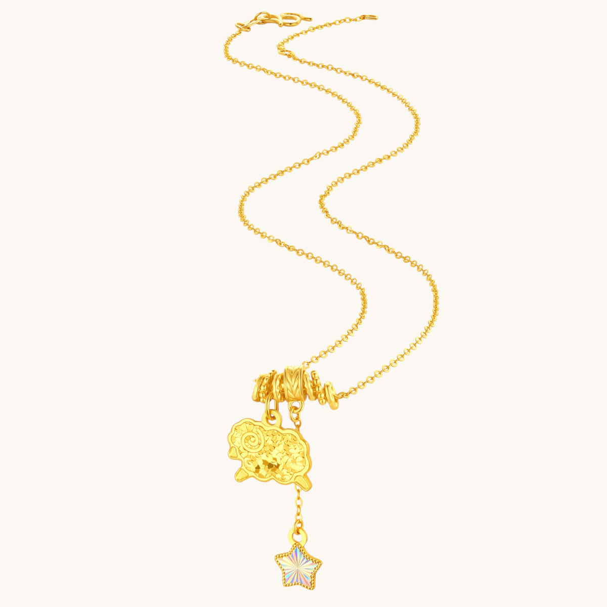 24k Fine Gold Chinese Zodiac Sheep Goat Shinning Charm Beaded Necklace