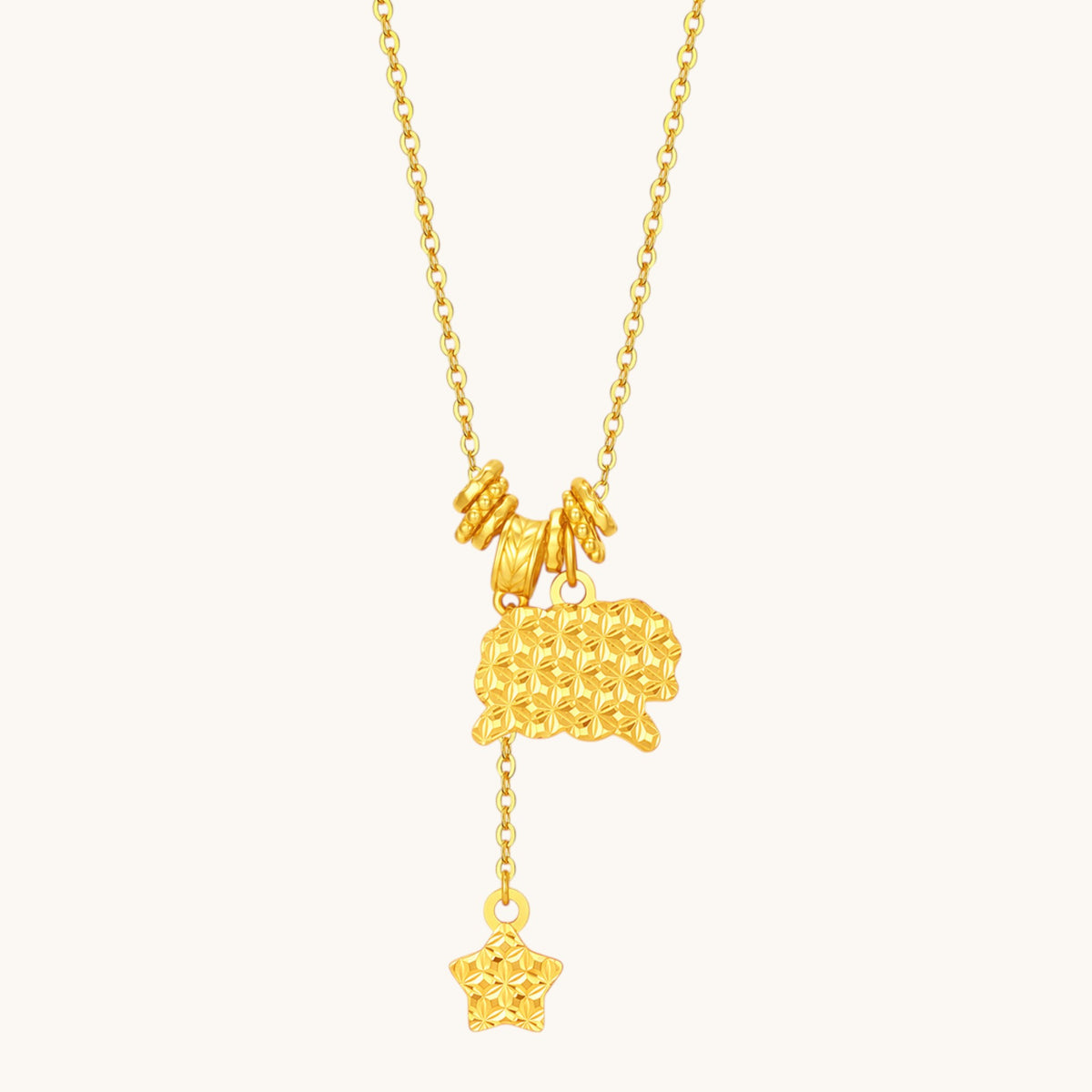 24k Fine Gold Chinese Zodiac Sheep Goat Shinning Charm Beaded Necklace