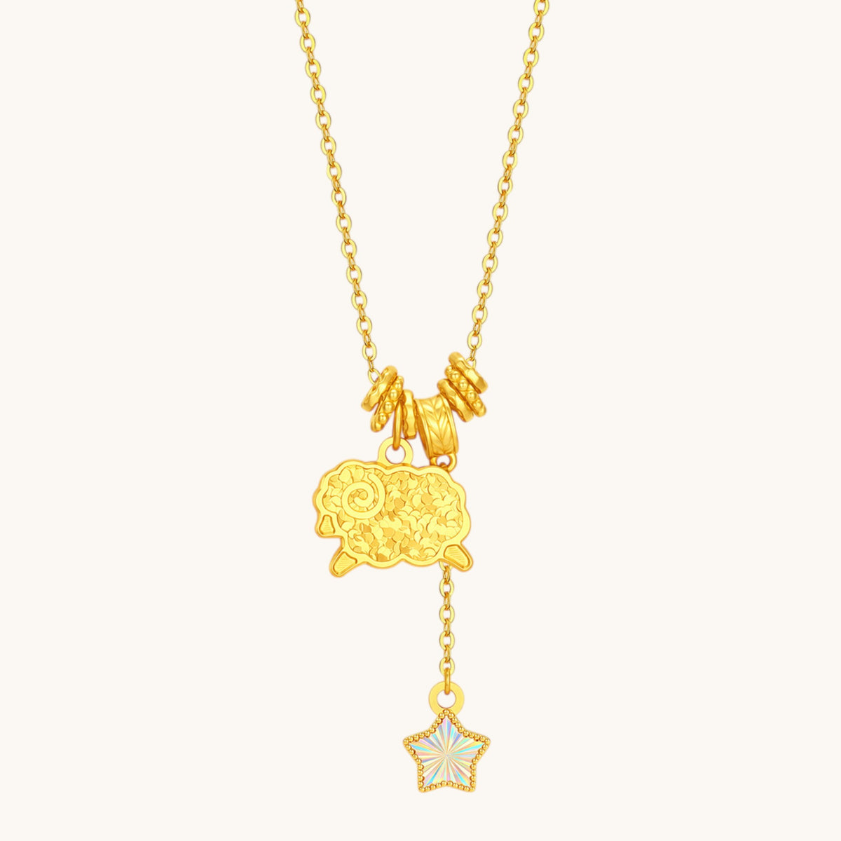 24k Fine Gold Chinese Zodiac Sheep Goat Shinning Charm Beaded Necklace