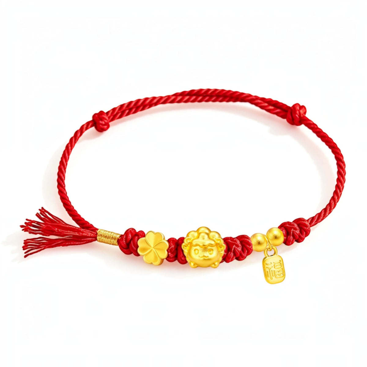 24k 999 Gold Zodiac Sheep Goat Charm Clover Blessing Charm Woven Adjustable Bracelet
