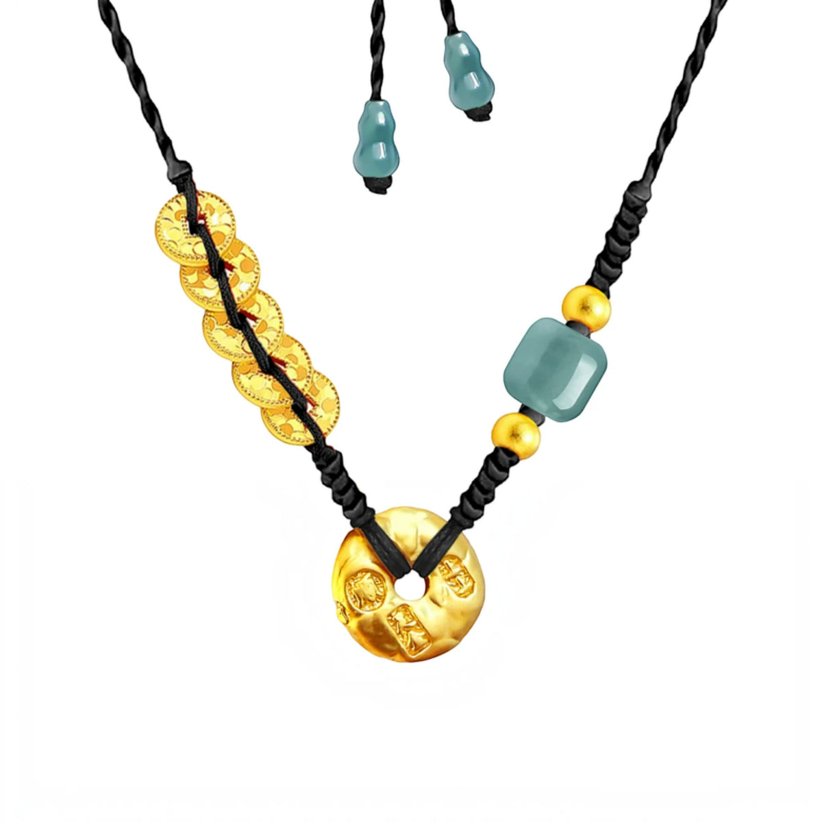 24k 999 Gold Five Emperor Coins Auspicious Gold Ingot Buckle Cord Necklace