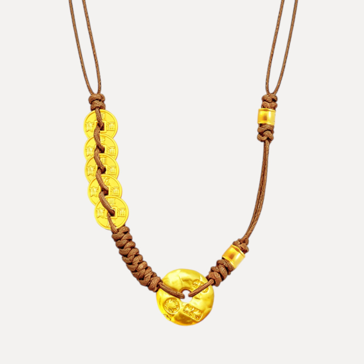24k 999 Gold Five Emperor Coins Auspicious Gold Ingot Buckle Cord Necklace