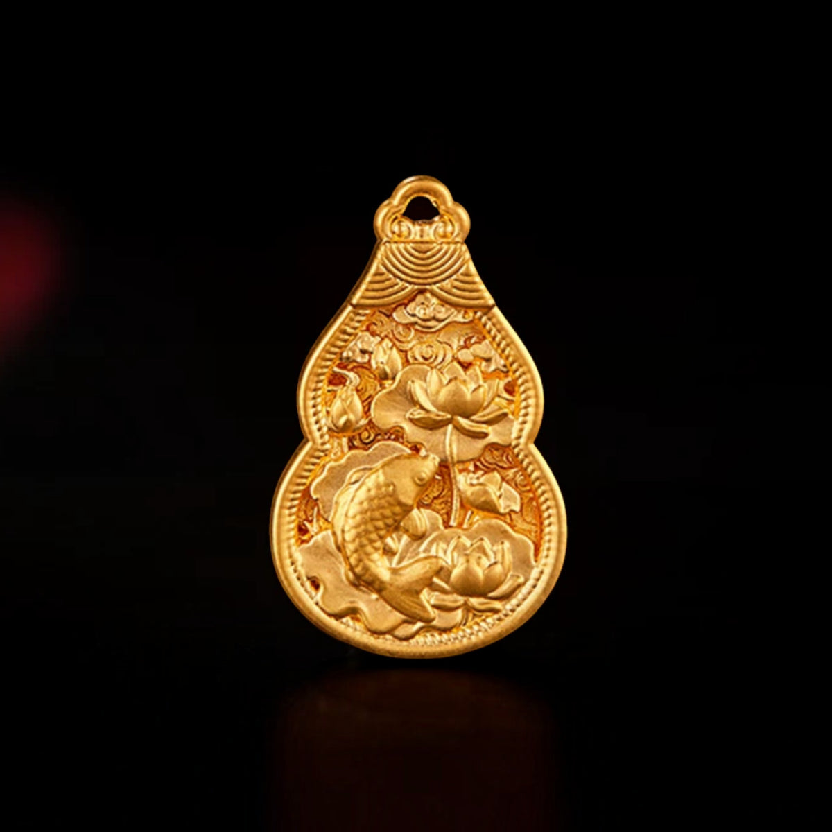 24k 999 Gold Fortune Lotus and Koi Detailed Lucky Gourd Pendant