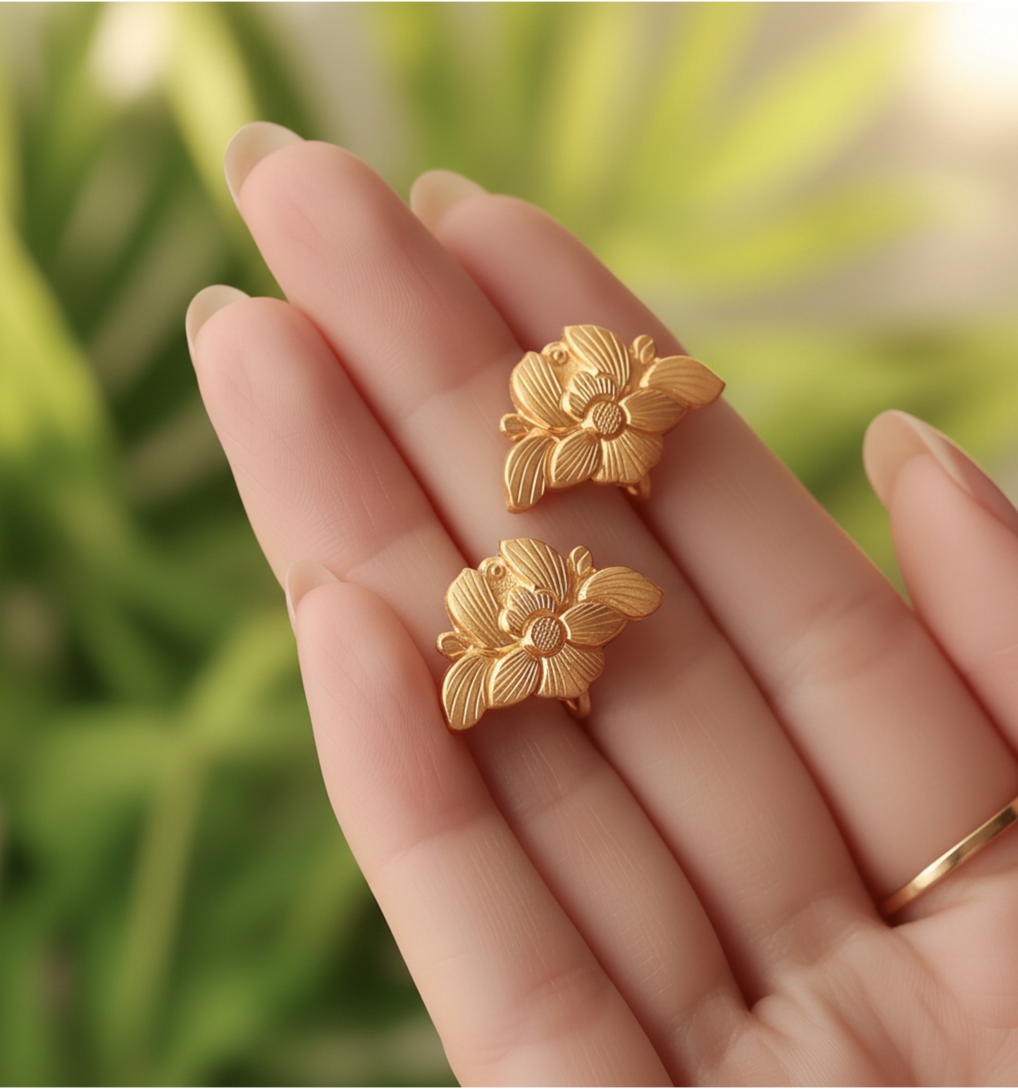 24K 999 Gold Vintage Style Hand-Engraved Detailed Orchid Flower Ear Hooks Earrings