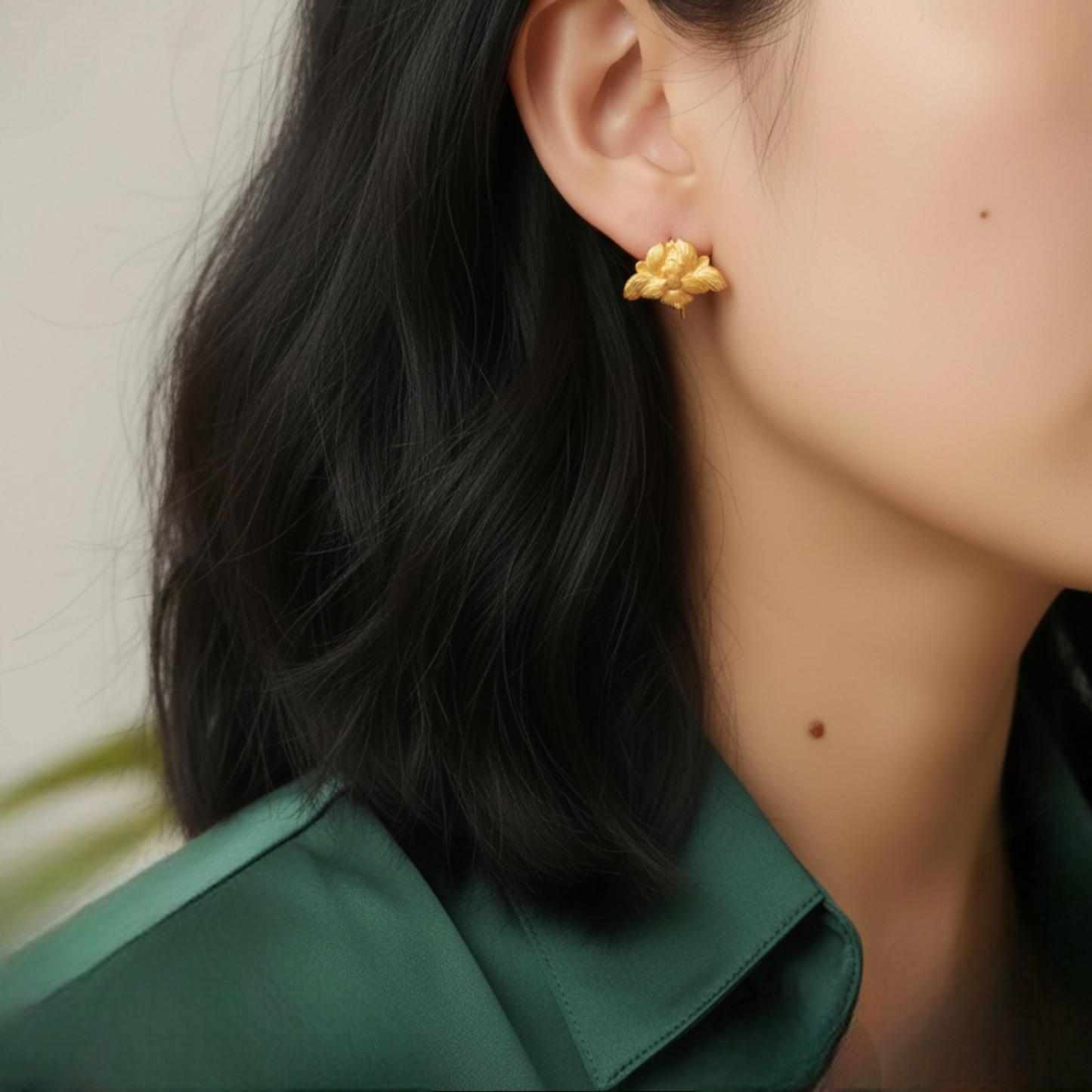 24K 999 Gold Vintage Style Hand-Engraved Detailed Orchid Flower Ear Hooks Earrings