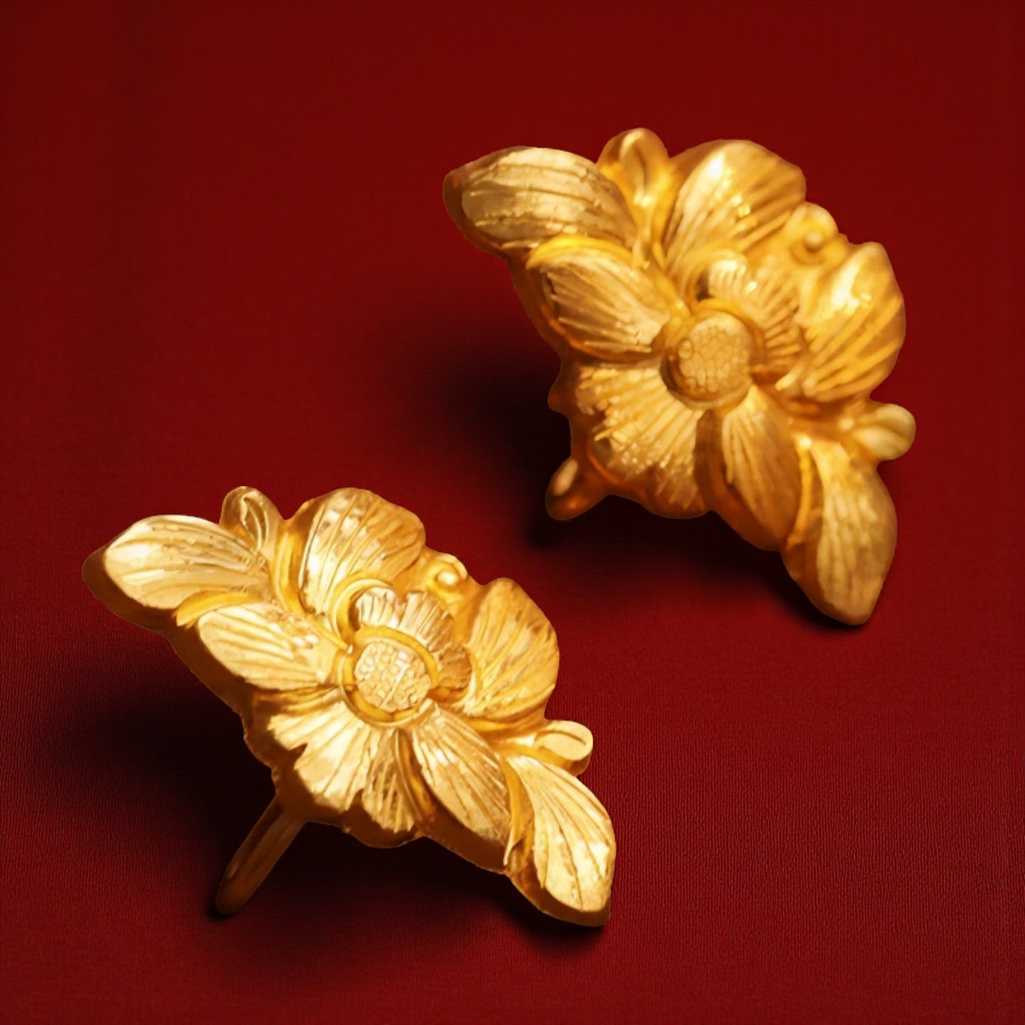 24K 999 Gold Vintage Style Hand-Engraved Detailed Orchid Flower Ear Hooks Earrings