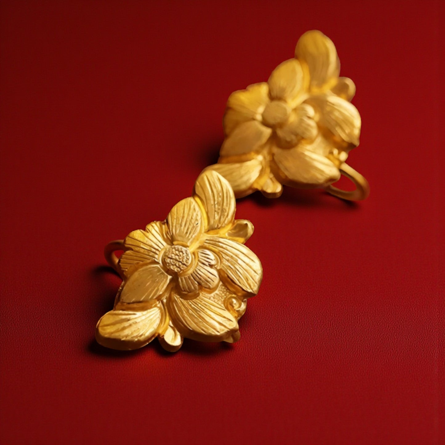 24K 999 Gold Vintage Style Hand-Engraved Detailed Orchid Flower Ear Hooks Earrings